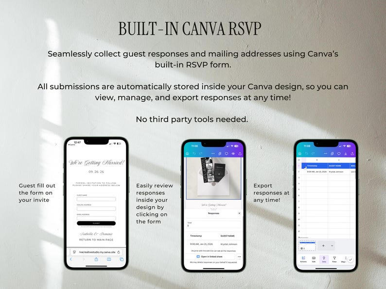Puede incluir: Imagen que muestra tres tel&eacute;fonos inteligentes que muestran las funciones de un formulario RSVP de Canva integrado. El texto destaca la capacidad de recopilar respuestas de los invitados y direcciones postales, ver, administrar y exportar respuestas.