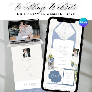 May include: A digital wedding invitation design displayed on a laptop and a smartphone. The laptop shows a website layout with a couple's photo. The smartphone displays an invitation with the names "Brianna" and "David", along with RSVP details and floral accents.