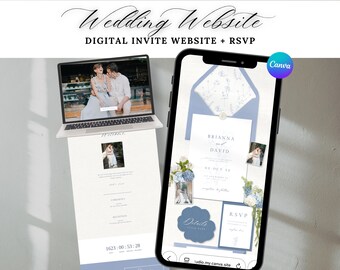 Plantilla de sitio web de boda azul empolvado con confirmación de asistencia, invitación de boda digital floral, plantilla Canva para guardar la fecha de primavera (descarga digital)