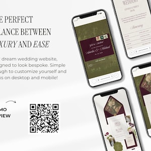 Puede incluir: Pantallas de tel&eacute;fonos que muestran dise&ntilde;os de sitios web de bodas. Las pantallas muestran dise&ntilde;os de invitaciones y RSVP con acentos burdeos y florales. El texto incluye "The Perfect Balance Between Luxury and Ease" y "Demo Preview".