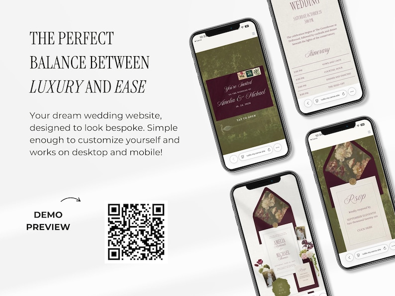 Puede incluir: Pantallas de tel&eacute;fonos que muestran dise&ntilde;os de sitios web de bodas. Las pantallas muestran dise&ntilde;os de invitaciones y RSVP con acentos burdeos y florales. El texto incluye "The Perfect Balance Between Luxury and Ease" y "Demo Preview".