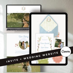 Könnte beinhalten: Ein Laptop, ein Tablet und gedruckte Materialien präsentieren ein Hochzeitsthema. Der Laptop zeigt eine Website, während das Tablet eine Einladung und einen Umschlag zeigt. Blumendesigns und der Text "INVITE + WEDDING WEBSITE" sind sichtbar.