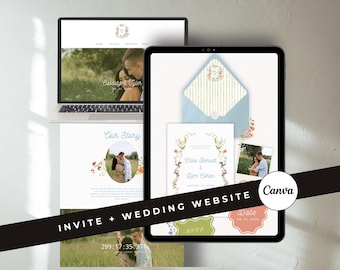 Floral Wildflower Wedding Website: Blue Striped Whimsical Garden Canva Wedding Invitation Website Template with RSVP  (Digital Download)