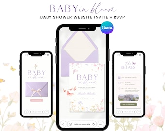 Baby in bloei babyshower websitesjabloon met RSVP, vlinderuitnodiging babyshower, bloemenmeisje wilde bloemenuitnodiging (digitale download)