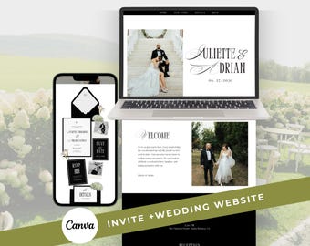Wedding Website Template Black and White Elegant Wedding Invitation Canva Digital Save the Date Invite with RSVP (Digital Download)