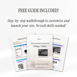 Puede incluir: Imagen de tres gu&iacute;as blancas con el texto "FREE GUIDE INCLUDED!" y "HOW TO EDIT AND LAUNCH YOUR Wedding Website". Las gu&iacute;as ofrecen un tutorial paso a paso para personalizar y lanzar un sitio web, sin necesidad de conocimientos t&eacute;cnicos.