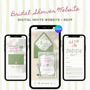 Peut inclure: Trois smartphones affichant une conception de site Web pour une fête prénuptiale. Le design présente un code couleur vert et blanc avec des accents floraux. Le texte comprend "Bridal Shower Website" et "DIGITAL INVITE WEBSITE + RSVP".