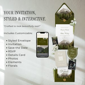 May include: Wedding invitation suite with a mountain landscape theme. Includes a styled envelope, invitation, save the date, RSVP, details card, photos, elements, and florals. A smartphone displays the invitation design. The text reads "YOUR INVITATION, STYLED & INTERACTIVE."