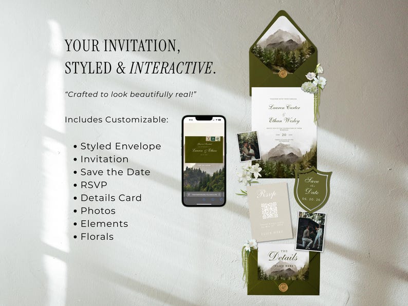 May include: Wedding invitation suite with a mountain landscape theme. Includes a styled envelope, invitation, save the date, RSVP, details card, photos, elements, and florals. A smartphone displays the invitation design. The text reads "YOUR INVITATION, STYLED & INTERACTIVE."