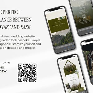 May include: A mockup of a wedding website displayed on several smartphones. The website features a green and white color scheme with mountain landscape imagery. Text on the screen includes wedding details and the phrase "The Perfect Balance Between Luxury and Ease."