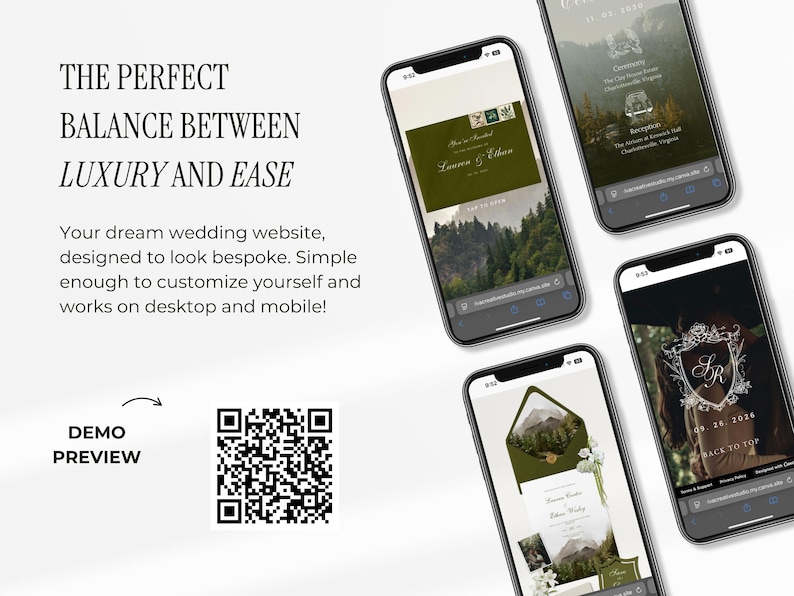 May include: A mockup of a wedding website displayed on several smartphones. The website features a green and white color scheme with mountain landscape imagery. Text on the screen includes wedding details and the phrase "The Perfect Balance Between Luxury and Ease."