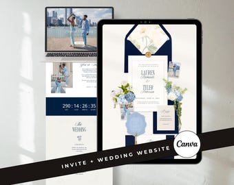 Wedding Website Template, Navy Blue Digital Wedding Invitation, Dusty Blue Wedding Save the Date Digital, Old Money Wedding Digital Download