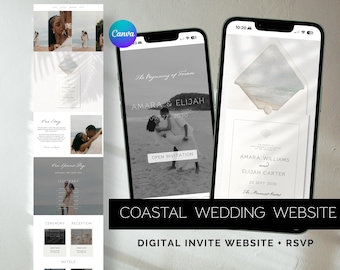 Beach Digital Wedding Invite, Destination Wedding Website Template with RSVP, Coastal Wedding Save the Date Digital, Editable Canva Template
