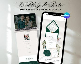 Modelo de site de casamento verde esmeralda com RSVP, convites de casamento rústicos digitais, site Canva para festa no jardim com tema botânico e vegetação exuberante, Evite