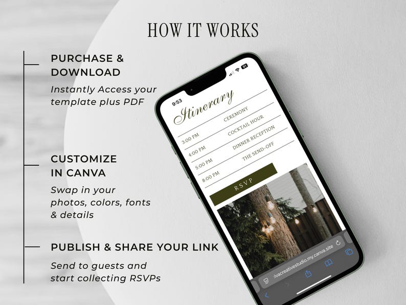 May include: A smartphone displays a wedding itinerary template. The screen shows times and events like the ceremony and reception. The phone is angled, with text reading "How It Works" and instructions for purchase, customization, and sharing.