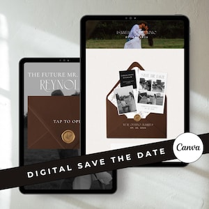 May include: Two digital tablets displaying wedding-themed designs. One shows a brown envelope with photos and text, the other reads "THE FUTURE MR. REYNOL". The phrase "DIGITAL SAVE THE DATE" is across the bottom.