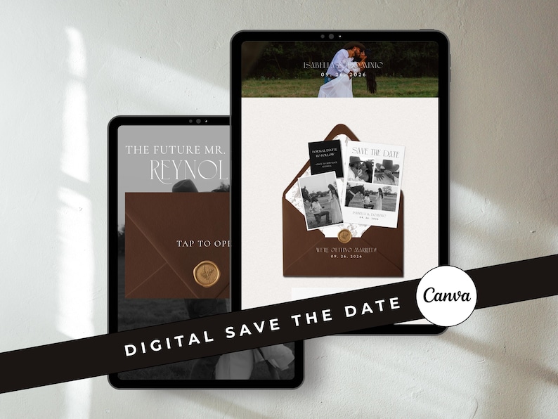 May include: Two digital tablets displaying wedding-themed designs. One shows a brown envelope with photos and text, the other reads "THE FUTURE MR. REYNOL". The phrase "DIGITAL SAVE THE DATE" is across the bottom.