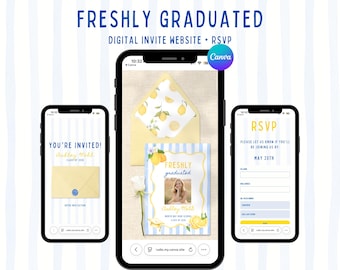 Freshly Graduated Graduation Invitation Template, Class of 2026, Graduation Announcement, Lemon Theme Digital Invite Canva Website with RSVP