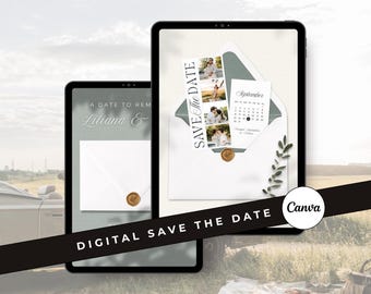 Photo Strip Save the Date, Digital Sage Green Wedding Invitation (Canva Template, RSVP Digital Download)