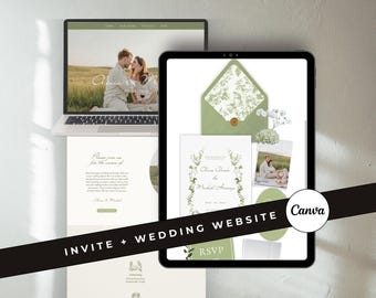 Floral Sage Green Wedding Website: Wildflower Garden Canva Wedding Invitation Template with RSVP Vintage French Invite  (Digital Download)