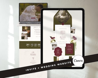 Wedding Website, Digital Wedding Invitation, Save the Date Digital, Old Money Wedding, Olive Green Burgundy Floral Wedding Invitation