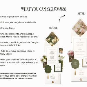 May include: A wedding invitation suite with a before-and-after design. The "Before" design features a white envelope with floral details, and the "After" design showcases a similar envelope with a different floral pattern. Text includes "What You Can Customize" and details about editing photos, text, and fonts.