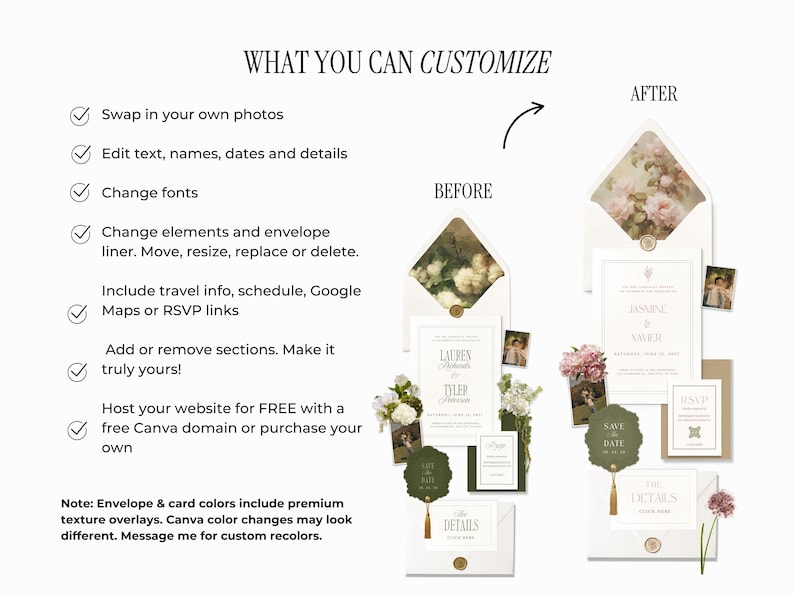 May include: A wedding invitation suite with a before-and-after design. The "Before" design features a white envelope with floral details, and the "After" design showcases a similar envelope with a different floral pattern. Text includes "What You Can Customize" and details about editing photos, text, and fonts.