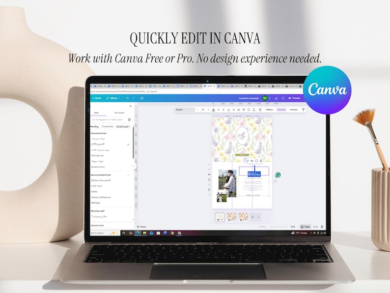 Puede incluir: Un ordenador port&aacute;til muestra una plantilla de dise&ntilde;o en Canva, con el texto "QUICKLY EDIT IN CANVA" y "Work with Canva Free or Pro. No design experience needed." Se ve un logotipo de Canva. Un pincel y un jarr&oacute;n decorativo est&aacute;n a la derecha.