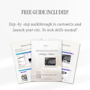 May include: Three white booklets with the text "FREE GUIDE INCLUDED!" and "Step-by-step walkthrough to customize and launch your site. No tech skills needed!" The center booklet reads "HOW TO EDIT AND LAUNCH YOUR Wedding Website".