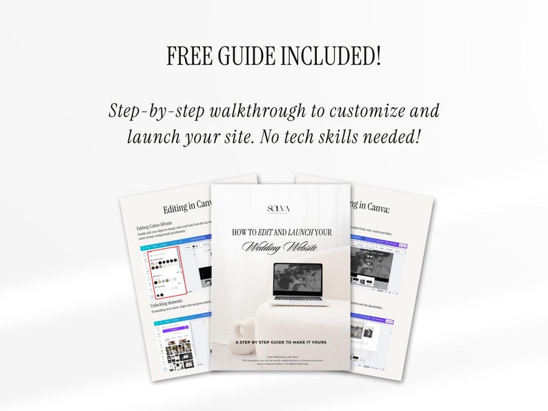 May include: Three white booklets with the text "FREE GUIDE INCLUDED!" and "Step-by-step walkthrough to customize and launch your site. No tech skills needed!" The center booklet reads "HOW TO EDIT AND LAUNCH YOUR Wedding Website".
