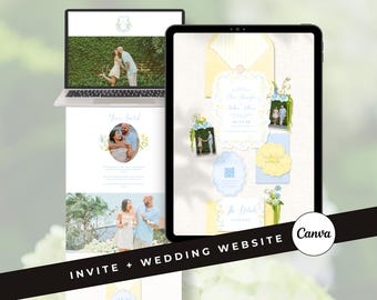 Floral Wedding Website Invitation Dusty Blue Yellow Canva Template Digital Wedding Invite Save the Date with RSVP (Digital Download)