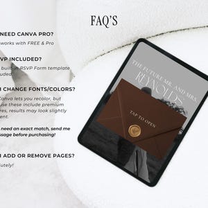 May include: A digital tablet displays a wedding invitation design with the text "THE FUTURE MR. AND MRS. REYNOLDS." A brown envelope with a gold seal is featured. The screen also shows the text "TAP TO OPEN."