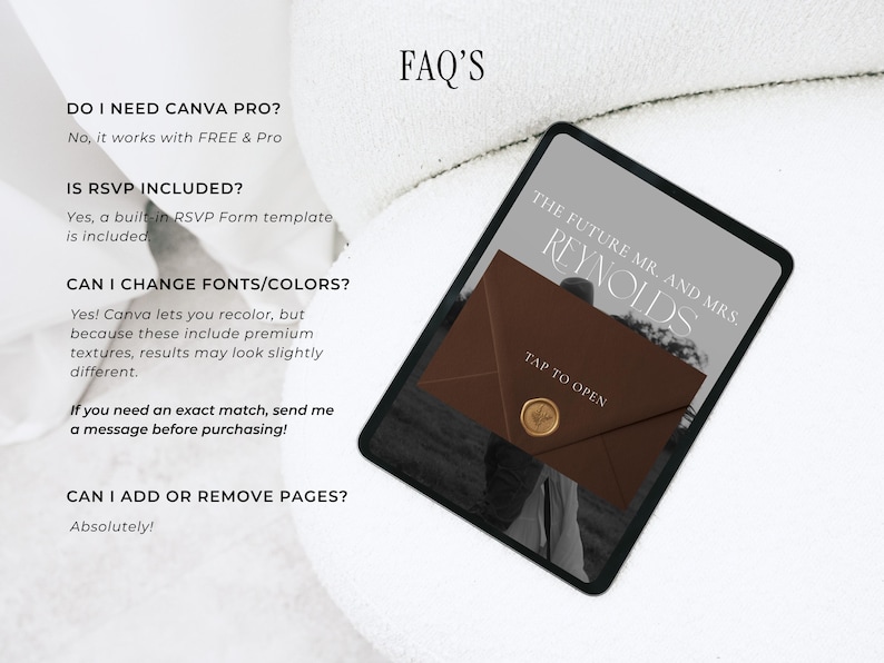May include: A digital tablet displays a wedding invitation design with the text "THE FUTURE MR. AND MRS. REYNOLDS." A brown envelope with a gold seal is featured. The screen also shows the text "TAP TO OPEN."