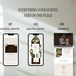 Op de afbeelding: Afbeelding met digitale huwelijkselementen: een digitale uitnodiging op een smartphone, een digitale suite op een andere telefoon en een trouwwebsite op een laptop. Tekst: "Alles wat uw gasten op &eacute;&eacute;n plek nodig hebben."