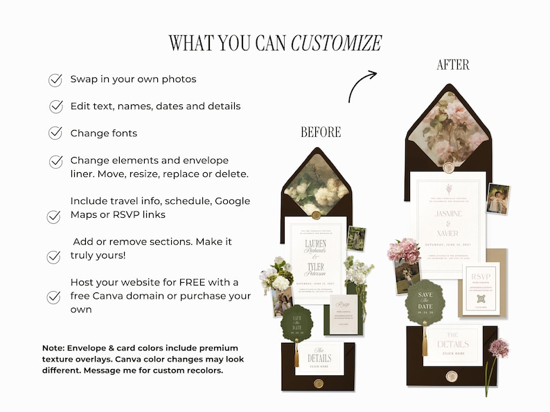 Op de afbeelding: Een voor-en-na vergelijking van aanpasbare trouwuitnodigingen. De afbeelding toont voorbeelden van uitnodigingskaarten, enveloppen en RSVP-kaarten met bloemen en botanische designelementen. De tekst bevat "Wat je kunt aanpassen" en details over de opties.