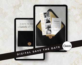 Black and Gold Photo Strip Save the Date Digital Wedding Website Invitation Canva Template with RSVP (Digital Download)