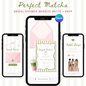 Puede incluir: Tres smartphones que muestran una invitación a una despedida de soltera e ideas de vestuario. La invitación presenta el texto "Perfect Matcha" y un sobre rosa. La inspiración de vestuario muestra ideas de código de vestimenta e imágenes de mujeres con vestidos.