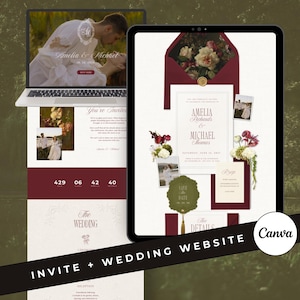 May include: A laptop and tablet display a wedding website design. The website features a burgundy and cream color scheme with floral accents. The tablet shows an invitation suite with photos and text. The text reads "Amelia & Michael".