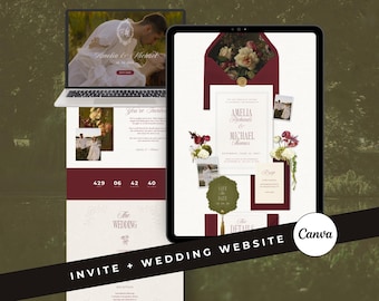 Old Money Wedding Invitation Website Canva Template Burgundy Olive Green Floral Digital Invite Save the Date with RSVP (Digital Download)