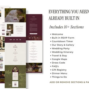 Puede incluir: Dise&ntilde;o de sitio web de bodas con m&uacute;ltiples secciones, incluyendo bienvenida, formulario RSVP, temporizador de cuenta regresiva y galer&iacute;a. El dise&ntilde;o presenta una combinaci&oacute;n de colores burdeos y crema, con el texto "Everything You Need Already Built In."