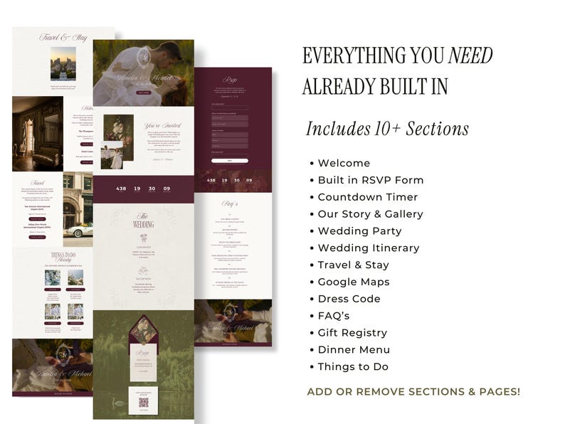 Puede incluir: Dise&ntilde;o de sitio web de bodas con m&uacute;ltiples secciones, incluyendo bienvenida, formulario RSVP, temporizador de cuenta regresiva y galer&iacute;a. El dise&ntilde;o presenta una combinaci&oacute;n de colores burdeos y crema, con el texto "Everything You Need Already Built In."