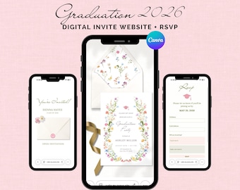 Graduation Invitation, Class of 2026, Floral Graduation Party Invite Canva Website, Graduation Announcement, Save the Date Digital with RSVP