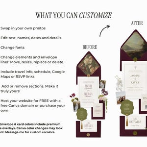 Puede incluir: Gr&aacute;fico que muestra elementos personalizables de invitaciones de boda. El dise&ntilde;o presenta ejemplos de antes y despu&eacute;s, con texto que destaca opciones como intercambio de fotos, edici&oacute;n de texto, cambios de fuente y enlaces RSVP. La combinaci&oacute;n de colores incluye burdeos, blanco y verde oliva.