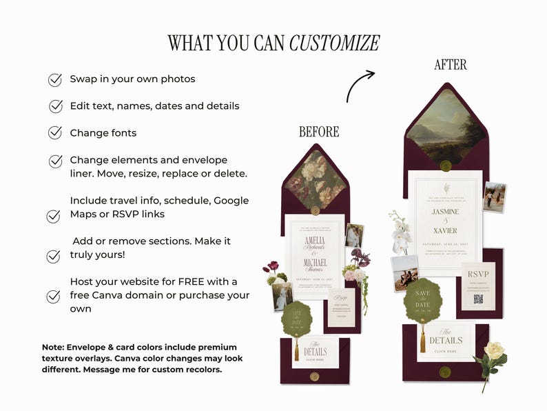 Puede incluir: Gr&aacute;fico que muestra elementos personalizables de invitaciones de boda. El dise&ntilde;o presenta ejemplos de antes y despu&eacute;s, con texto que destaca opciones como intercambio de fotos, edici&oacute;n de texto, cambios de fuente y enlaces RSVP. La combinaci&oacute;n de colores incluye burdeos, blanco y verde oliva.