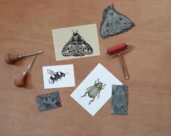 Insecten lino print set: hommel, kever, nachtvlinder