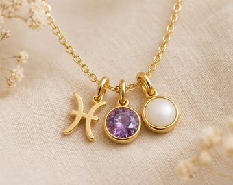 Collar con el signo zodiacal del bebé leche materna – Piedra de nacimiento – Joyería personalizada para guardar recuerdos – Acero inoxidable chapado en oro – Regalo para mamá