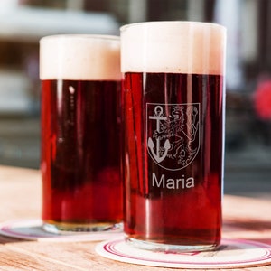 vaso de cerveza antiguo personalizado | Grabado del escudo de armas de Düsseldorf