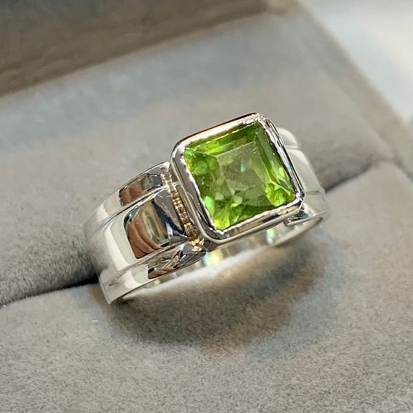 Natürliche Grün Peridot Herren Damen 925 Sterling Silber Ring Smaragd Cut Peridot Unisex Mann Frau Ring Großen Glanz Fantastischer Peridot Ring