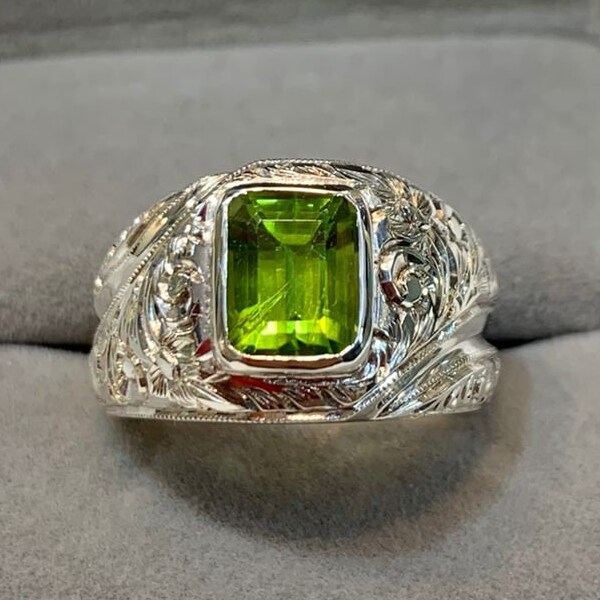 Natürliche Grün Peridot Herren Damen 925 Sterling Silber Ring Smaragd Cut Peridot Unisex Mann Frau Ring Großen Glanz Fantastischer Peridot Ring