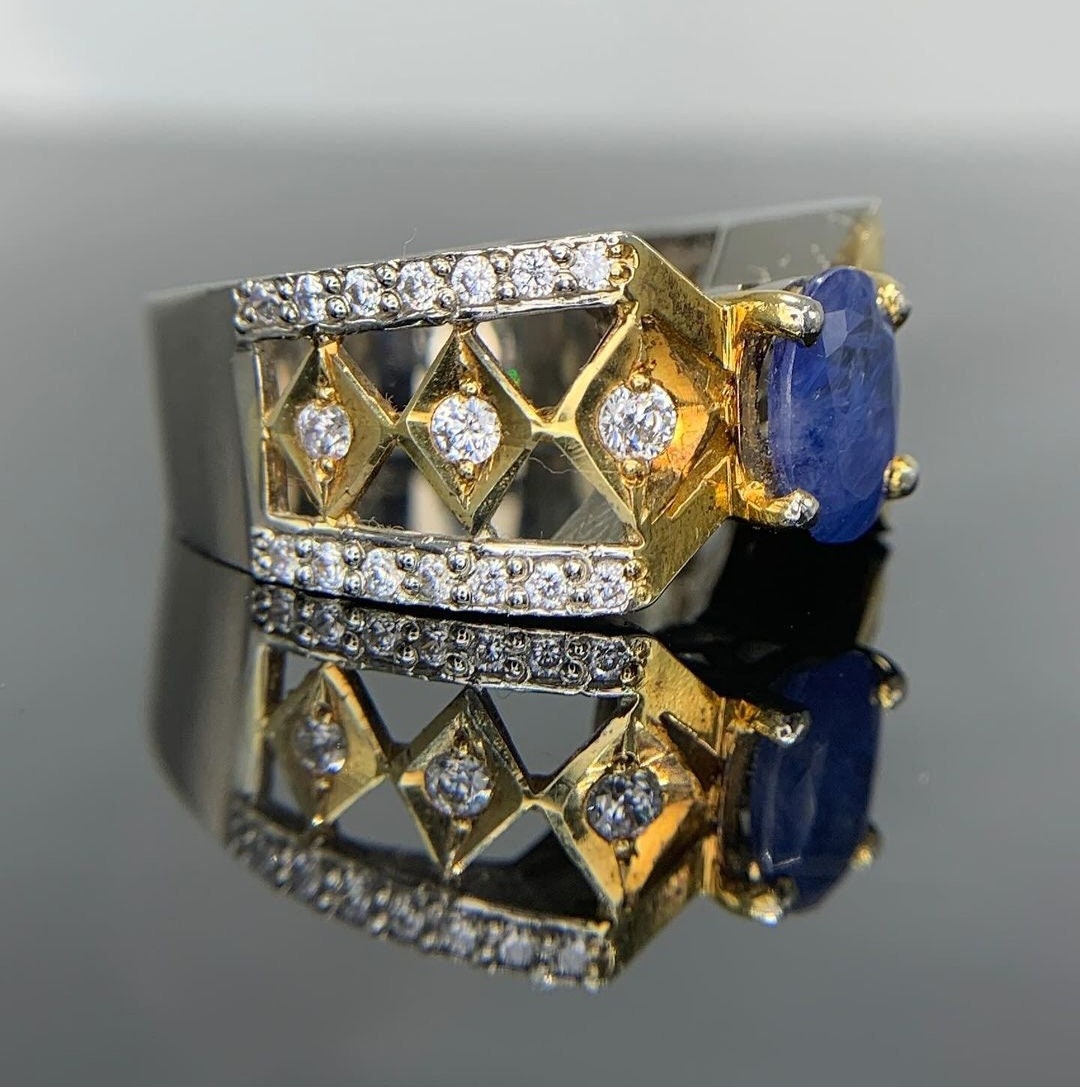 Mens Blue Sapphire Art Deco Ring Sterling Silver 925 Handcrafted ...